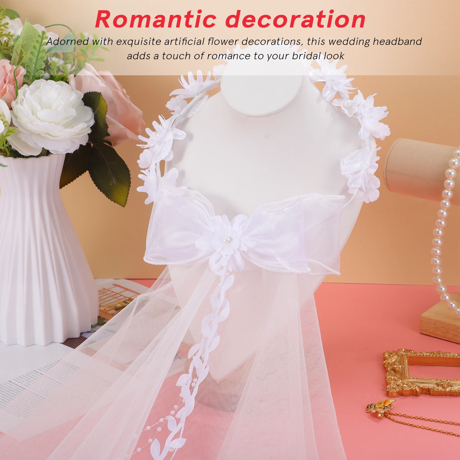 غطاء رأس الزفاف مع تاج الأزهار والحجاب القصير، إكسسوار شعر الزفاف خفيف الوزن لارتداء مريح طوال اليوم
