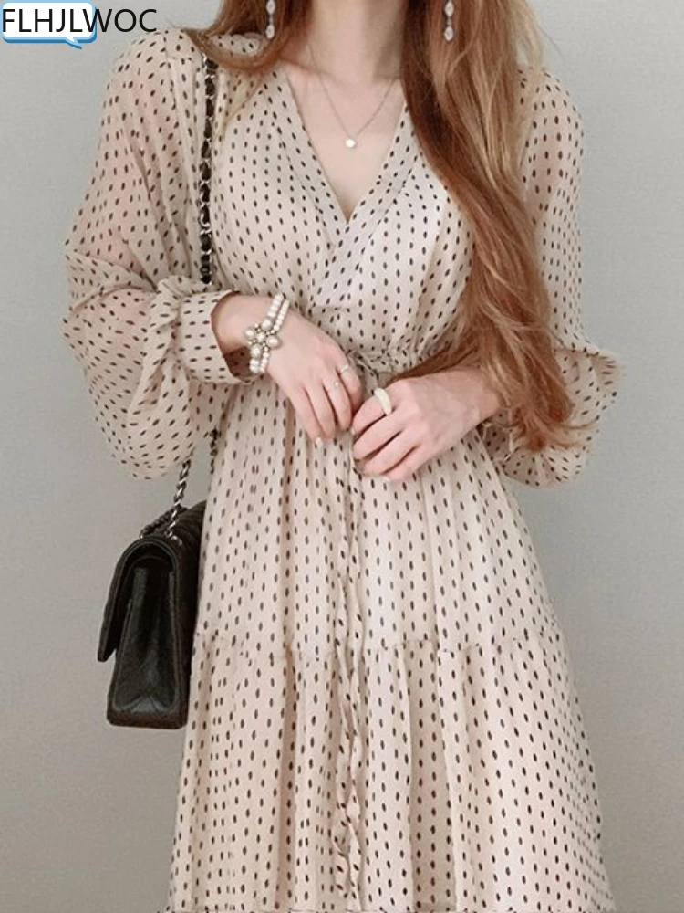 Chic Korean Fashion 2022 Women Temperament Elegant Drawstring Retro Vintage Cute Long Chiffon Dot Dress Fenimine Vestidos