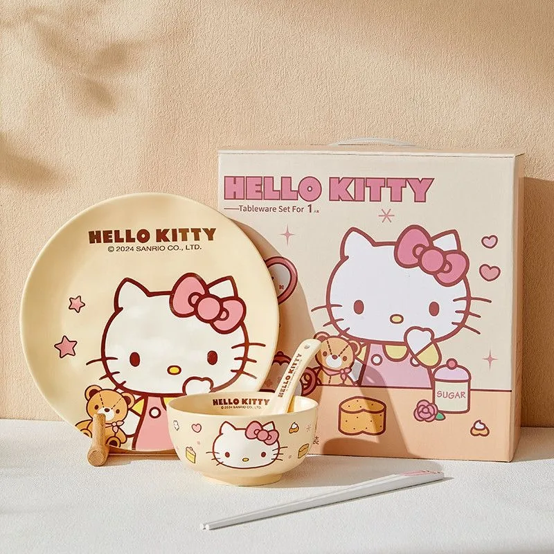 

Hello Kitty Cinnamoroll Anime Kawaii Sanrio Bowl Spoon Plate Set Cute My Melody Ceramic Household Tableware Birthday Gifts