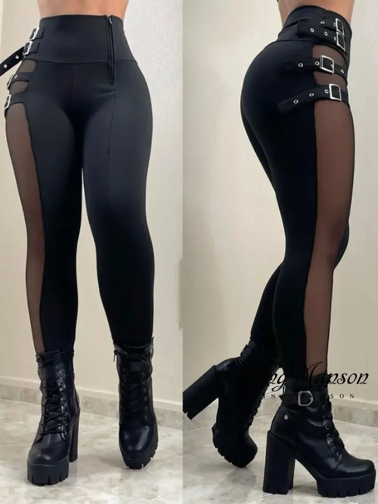 

2023 New Mesh Patch Buckle High Waist Pants Women's Fashion Casual Pants Sexy Tight Daily Women's Bottom New Fashion Clothes