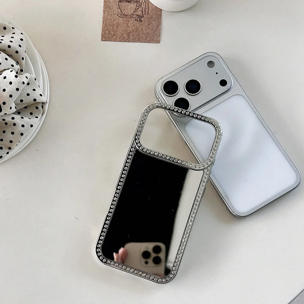 Luxuriöse galvanisierte Make-up-Spiegel-Handyhülle für iPhone 17 16 15 14 13 12 11 Pro Max mit Glitzer-Diamant-Rand-Schutzabdeckung – Detail 8