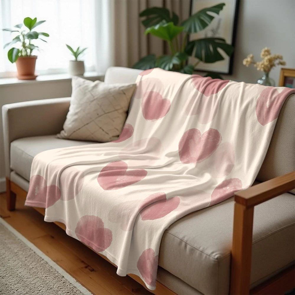 Blush Watercolor Heart Lightweight Microfiber Soft Christmas Fleece Blanket Warm Cozy Throw for Sofa Office Travel All Season
