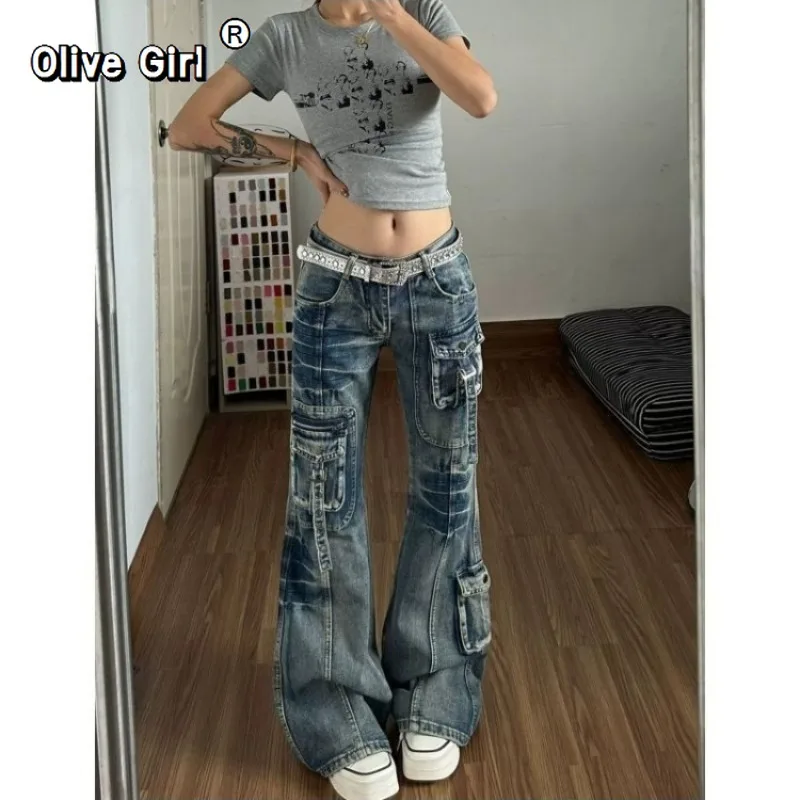 Olivegirl Denim Jeans for Women Trousers 2026 American Washed Multi Pocket Micro Flared Summer Design High Street Floor Pants