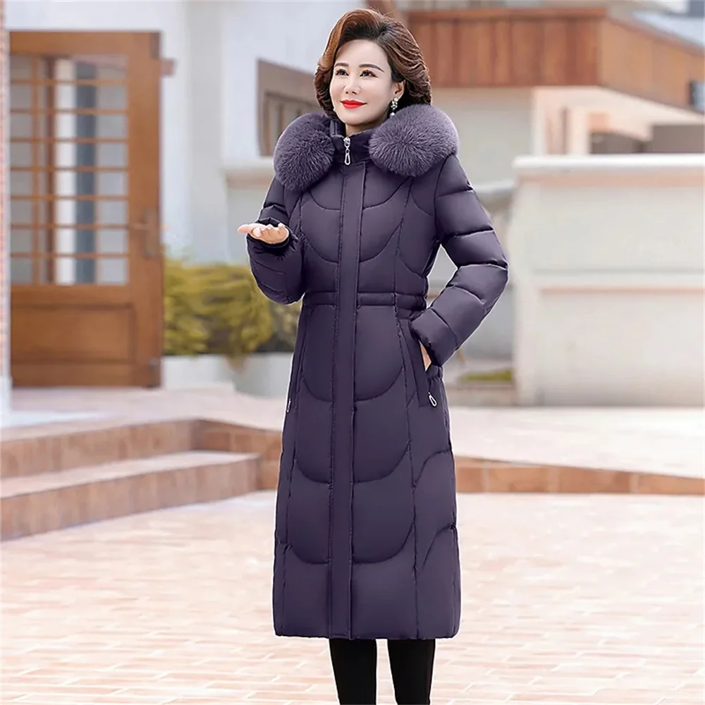 

9XL New thick Long Mom's Winter Parka Quilted Hooded Fur Collar Down Cotton Coat Middle-aged Elderly Women's Thick Warm Coat 8XL