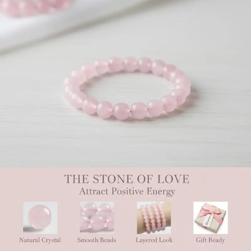 Adjustable Fit Boho Pink Crystal Beaded Bracelet Smooth Stretch Wristband Fine Jewelry for Mother's Day Gift for Mom
