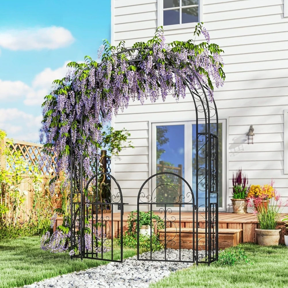 

7.4ft Steel Garden Arch with Gate, Garden Arbor Trellis for Climbing Plants, Roses, Vines, Wedding Arch Stand for, Customized