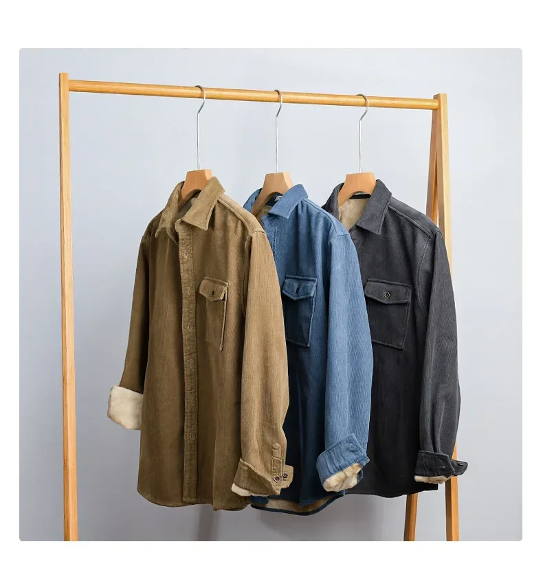 Japanese vintage Mens Winter Shirts Daily Casual Fleece Shirts Male Cotton Thickened Corduroy Long Sleeve Shirt Keep Warm Top