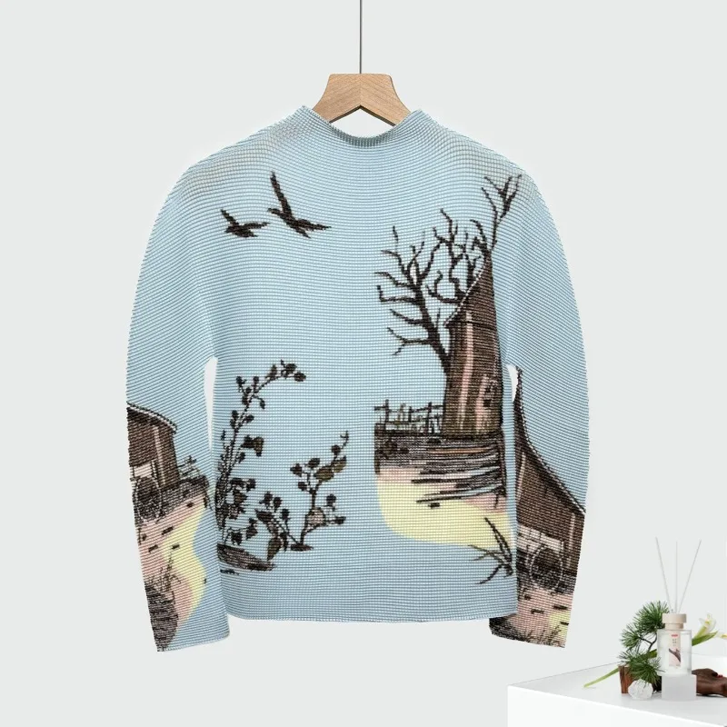 

Miyake T-shirt Fashion Slim Inner Blouse Temperament Half-high Neck Printing Slim Pullover Thin Section Elastic Bottoming Shirt