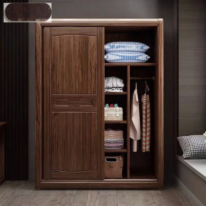 Bedroom sliding sliding door log wardrobe light luxury modern simple walnut solid wood