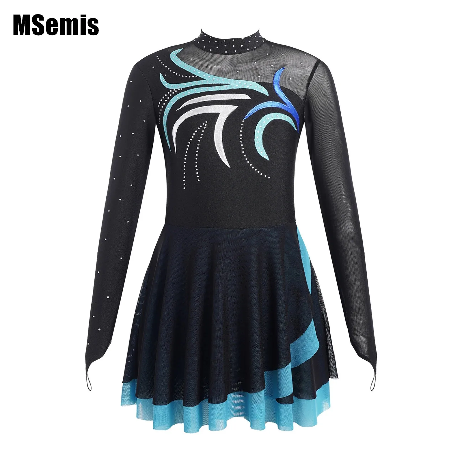 

Kids Girls Figure Skating Dance Dresses Sparkly Rhinestones Sheer Mesh Patchwork Long Sleeve Mock Neck Dress Dancewear