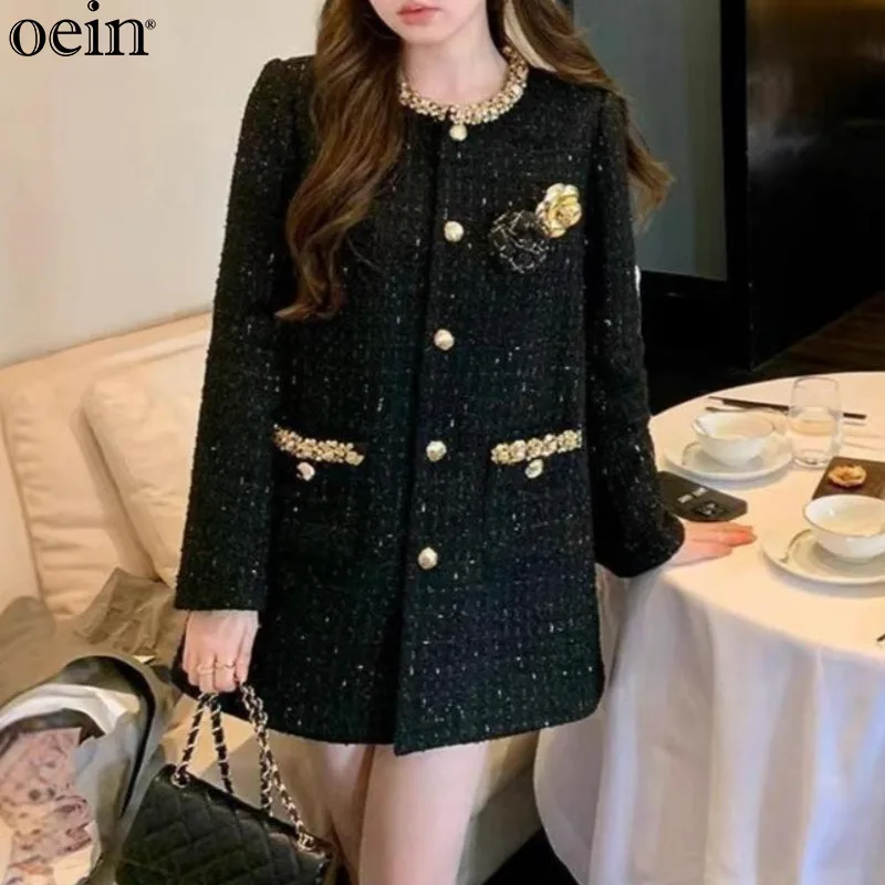 [MODX] Socialite Flower Studded Wool Woven Coat, Light Luxury, Thick Diamond Inlaid Coarse Woolen Round Neck Coat