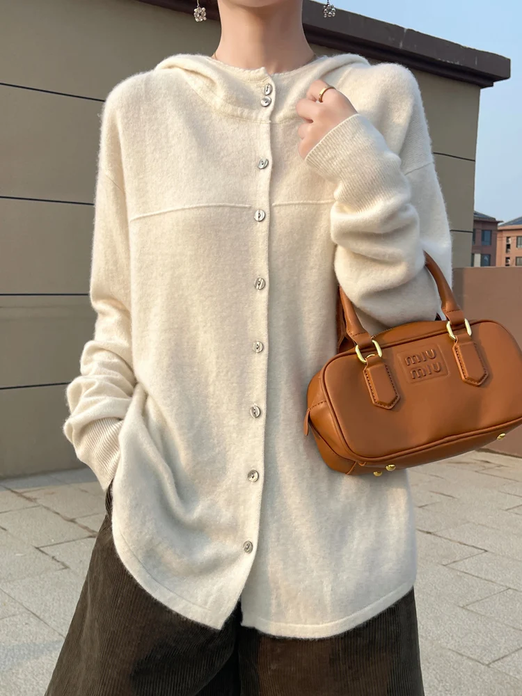 2024 New Women Hooded Cardigan Casual Loose Style Cashmere Sweater Autumn Winter 100% Merino Wool Knitwear Korean Popular Cloth