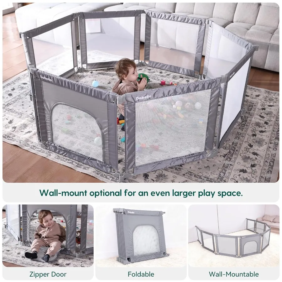 Babelio Foldable Playpen for Babies and Toddlers- Adjustable Shape and Area Playpen with Zipper Gate Portable Baby Fence for In
