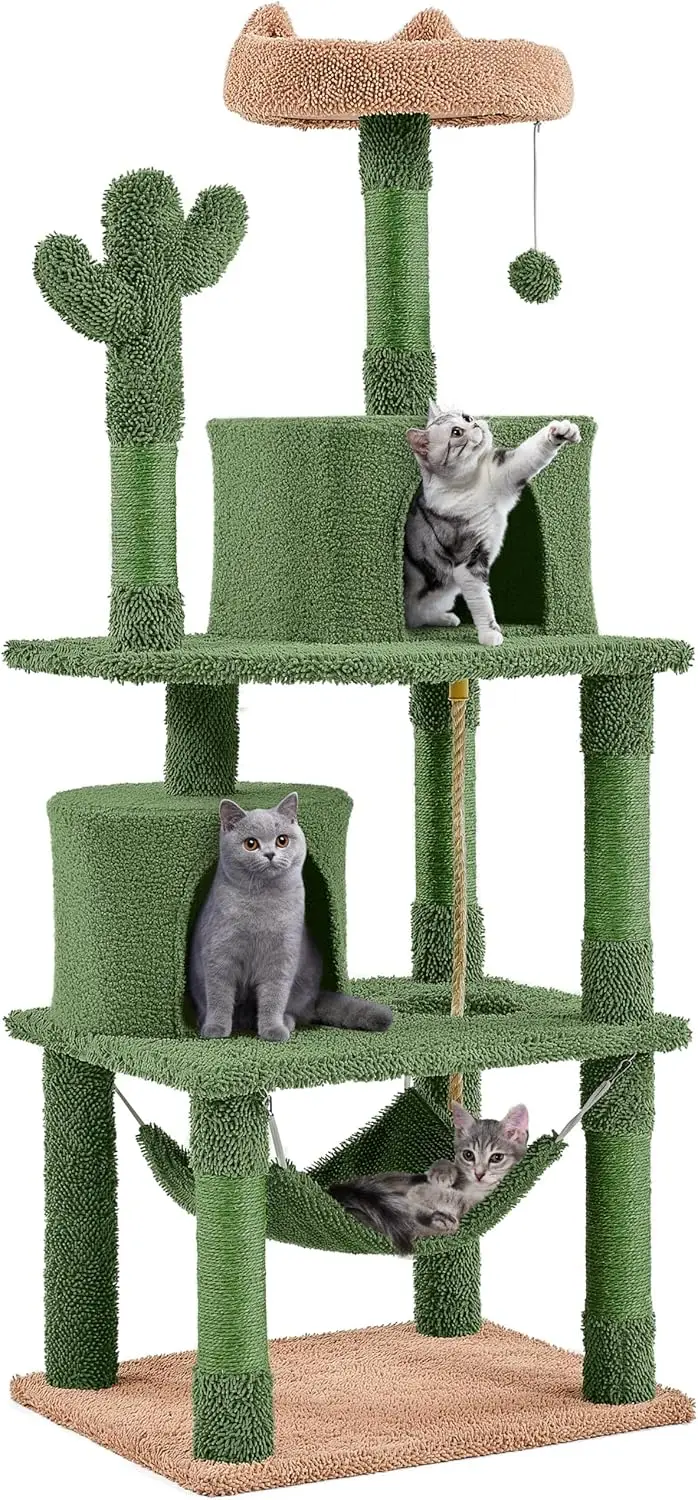 

62in Cactus Cat Tree with Scratching Posts, Hammock & Perch for Indoor Cats - Multi-Level Activity Center
