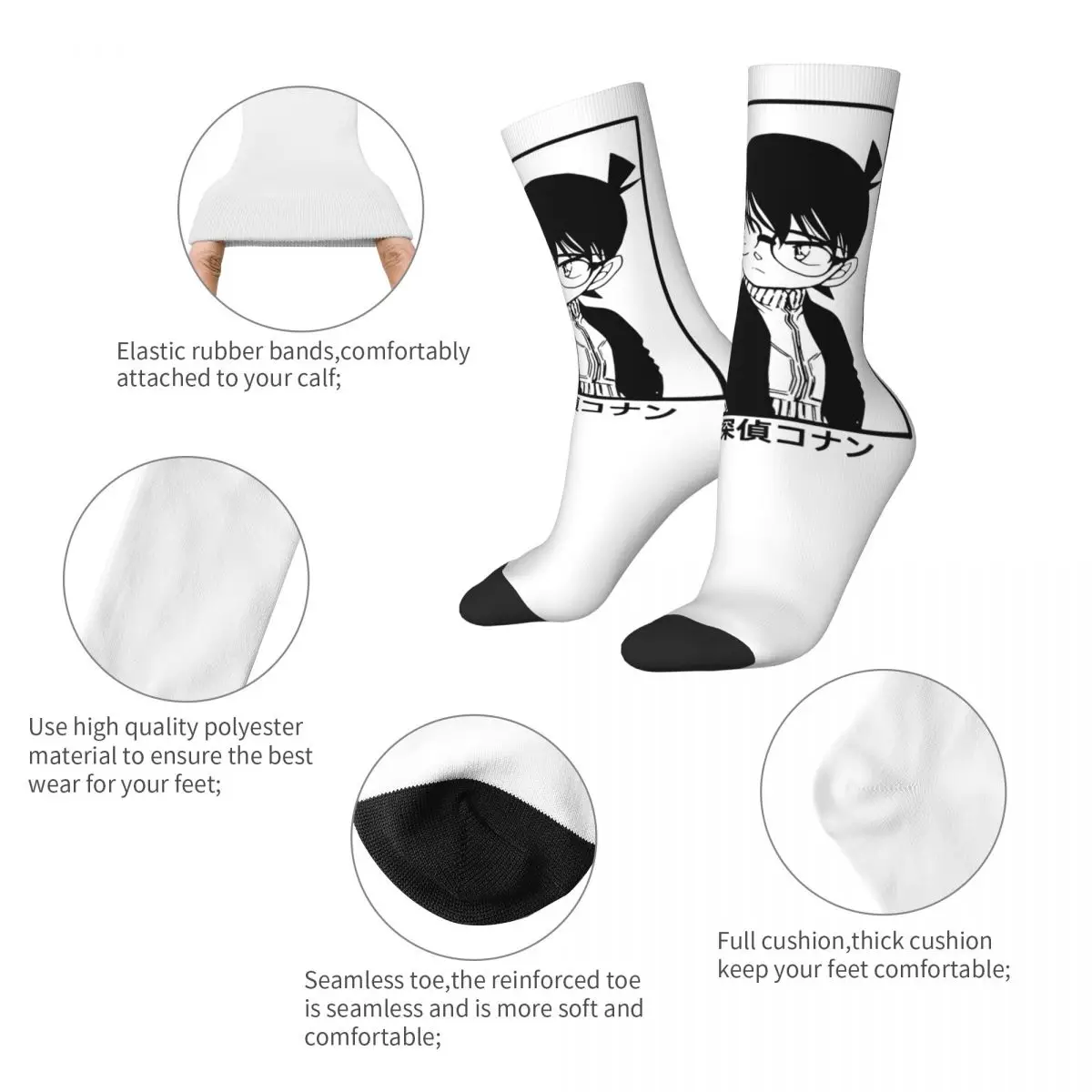 Retro Anime Detective Conan Skateboard Socks Polyester Middle Tube Socks for Unisex Breathable