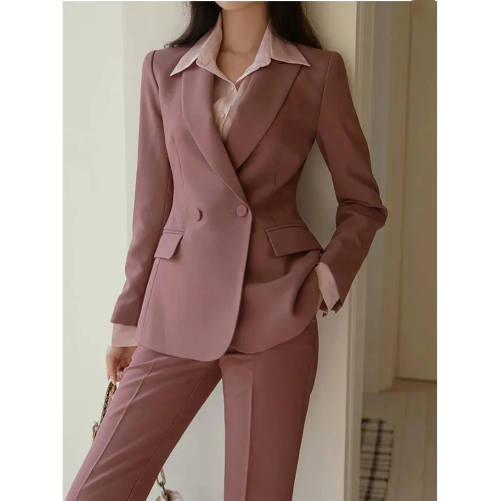 Solid Color Notch Lapel Double Breasted Women Suits Blazer Office Lady 2 Piece Jacket Pants Sets Formal Work Costume 2025