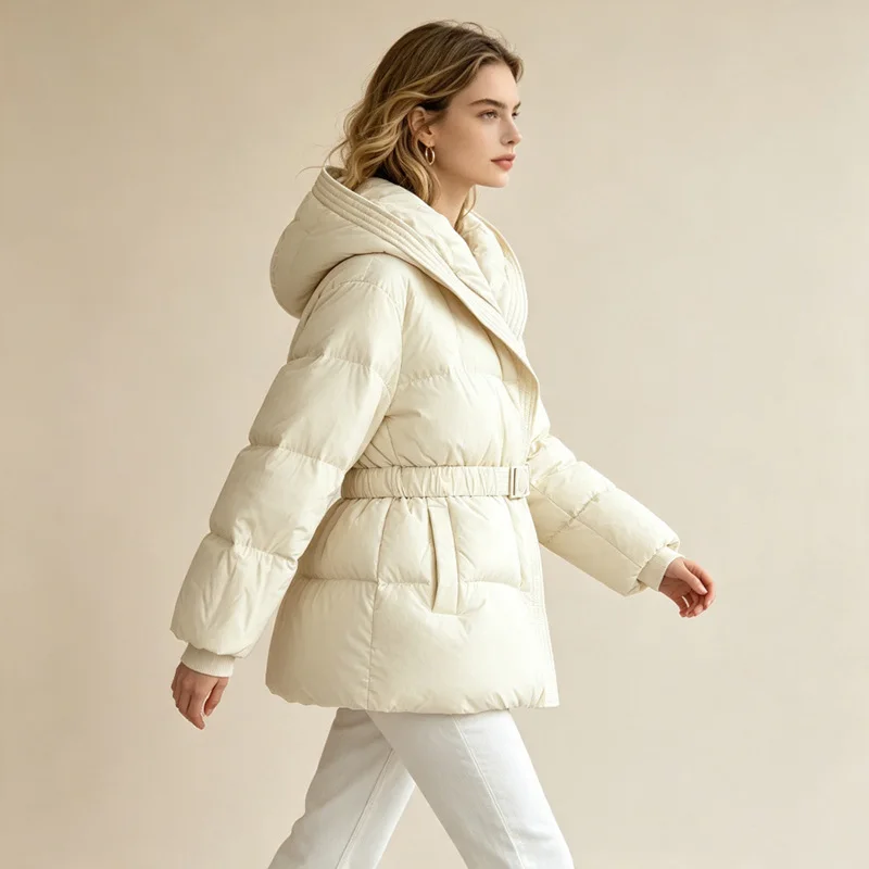 Schinteon Women White Down Jacket with Hood Solid Color Fashionable Autumn Winter Warm Outwear Parka Belt 2026 New Real Pictures