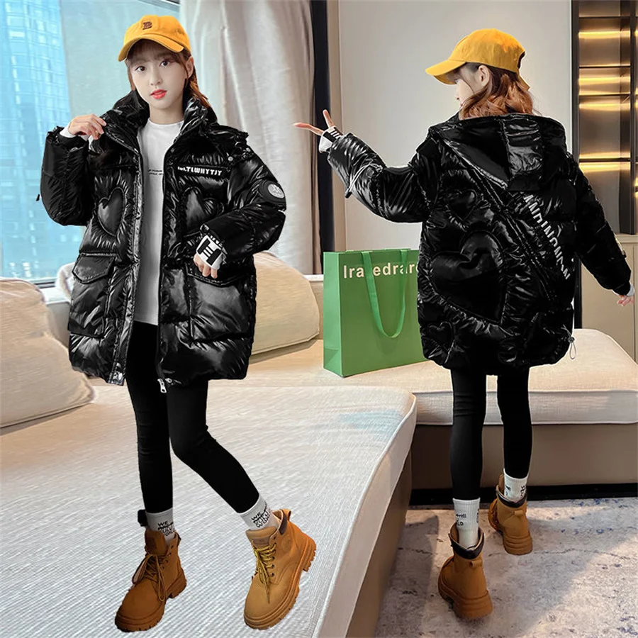 2023 New Kids Clothing Warm Down Cotton Jacket for Girl Winter Thicken Parka Hooded Children Outerwear Fashion Big Pocket Coats