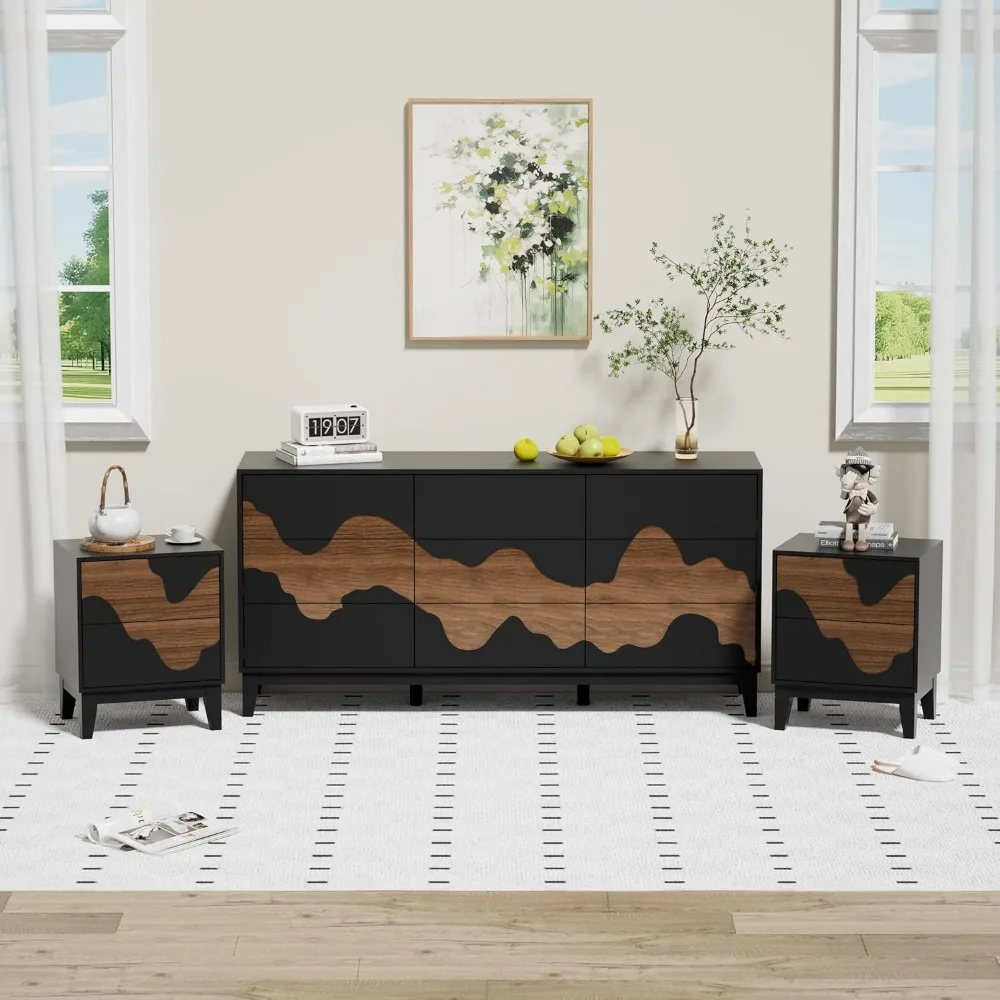 زوج من طاولات النوم الحديثة، طراز منتصف القرن بنمط مائي، لمسات خشبية لطاولات جانبية لغرفة النوم