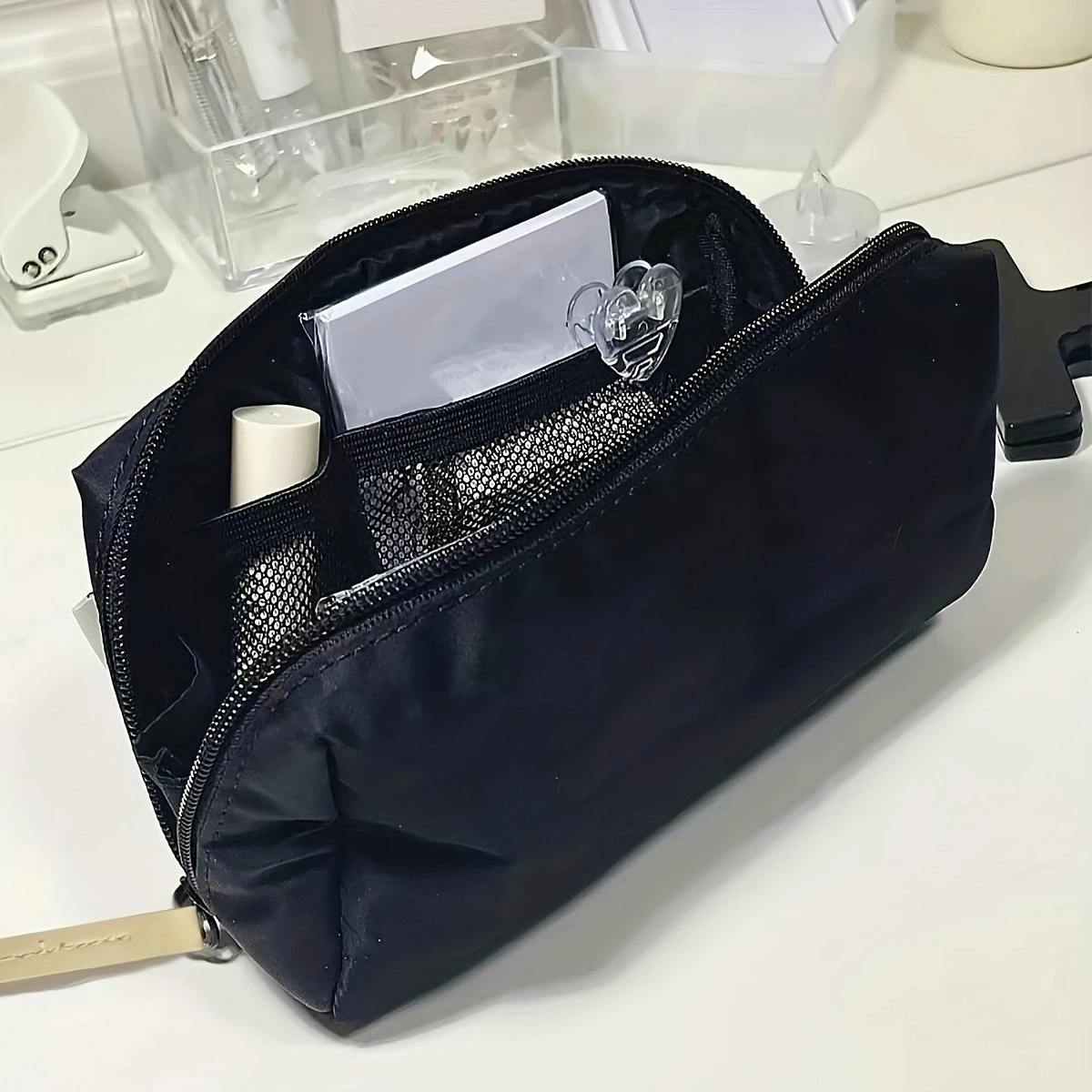 1pc-Simple black canvas pencil case with large capacity stationery storage bag, school student supplies