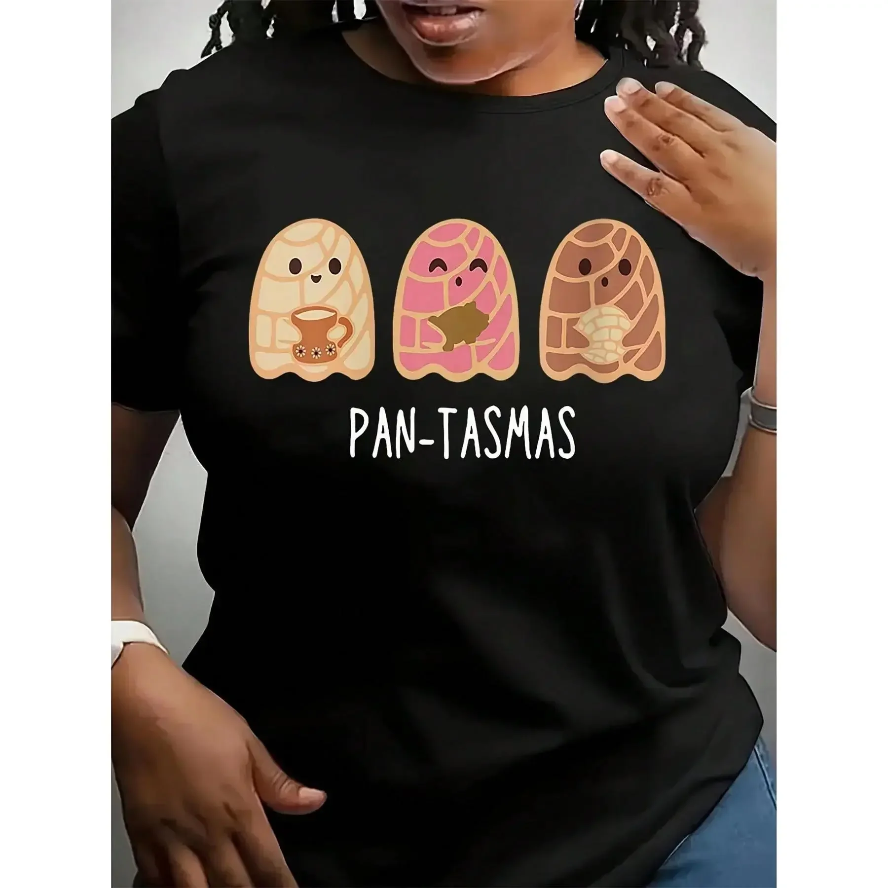 Short-Sleeve Round Neck Casual Fit T-Shirt - Funny Pan de Muerto Ghost Pan Dulce Conchas, Latina Mexican Halloween Top, Gift for Women