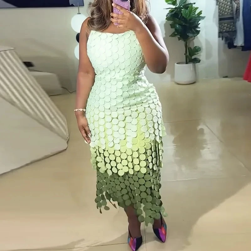 

Elegant Lady Simple Banquet Dress Fashion Gradient Printed Round Design Style Dress Sexy Sleeveless Slim Hollow Out Party Dress