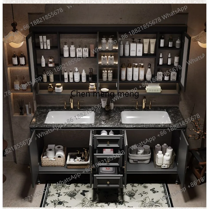 Oak Lacquered Floor-to-Ceiling French Vintage Bathroom Cabinet Combination Double Basin Vanity Luxury Stone