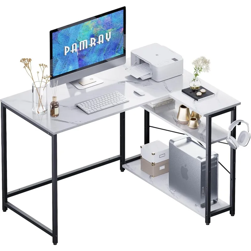 

43 Inch L Shaped Computer Desk with Reversible Side Storage Shelves, Small Corner Desk for Small Space Home Office,White Marble