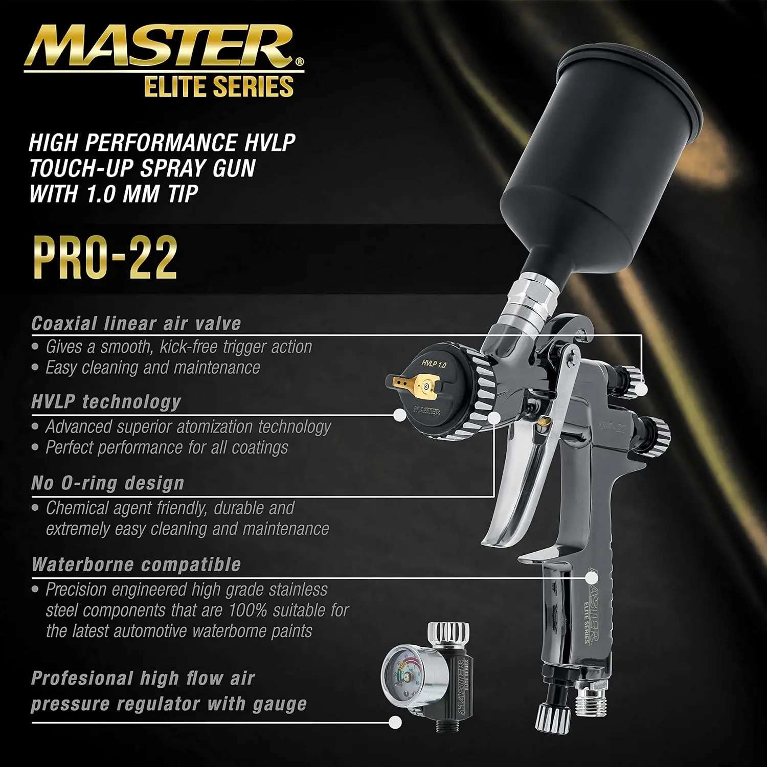 Elite High-Performance PRO-22 Series HVLP Touch Up Spray Gun with 1.0mm Tip and Air Pressure Regulator Gauge - Detail Paint Spra