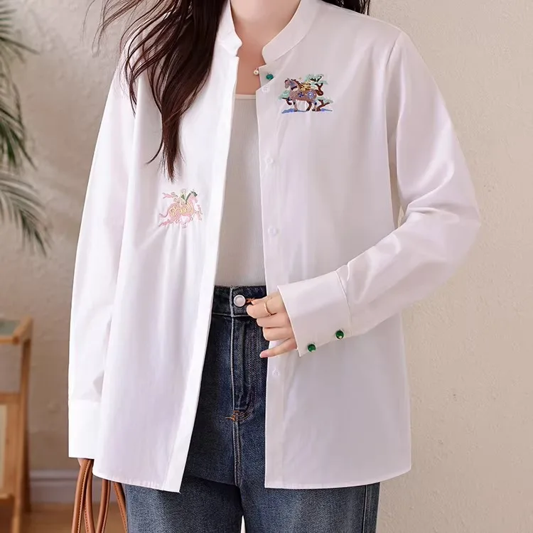 

New Chinese Sle Embroidered Casual Loose Women's irt Spring 2026 Faion Sensation Button up Top Small Design