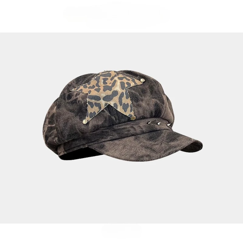 Fashion Hip Hop Octagonal Hats Punk Rivet Star Sticker Berets for Women Versatile Retro Tie-dye Newsboy Hats