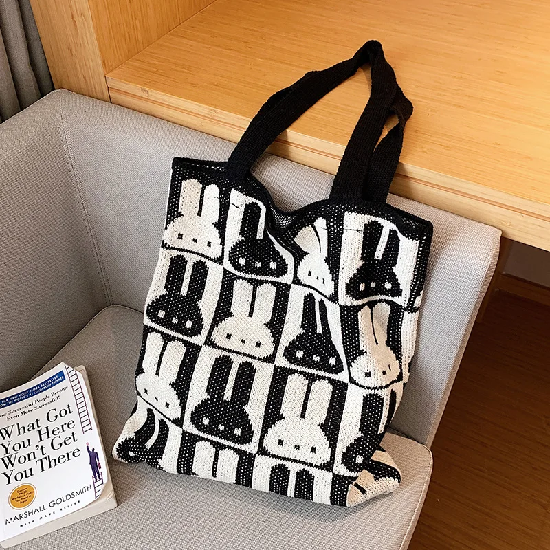 2023Cute Rabbit Printing Cotton Thread Tote Bag Women Shoulder Bag Girl Shopper Fashion Large Capacity Knitting Lattice Handbags