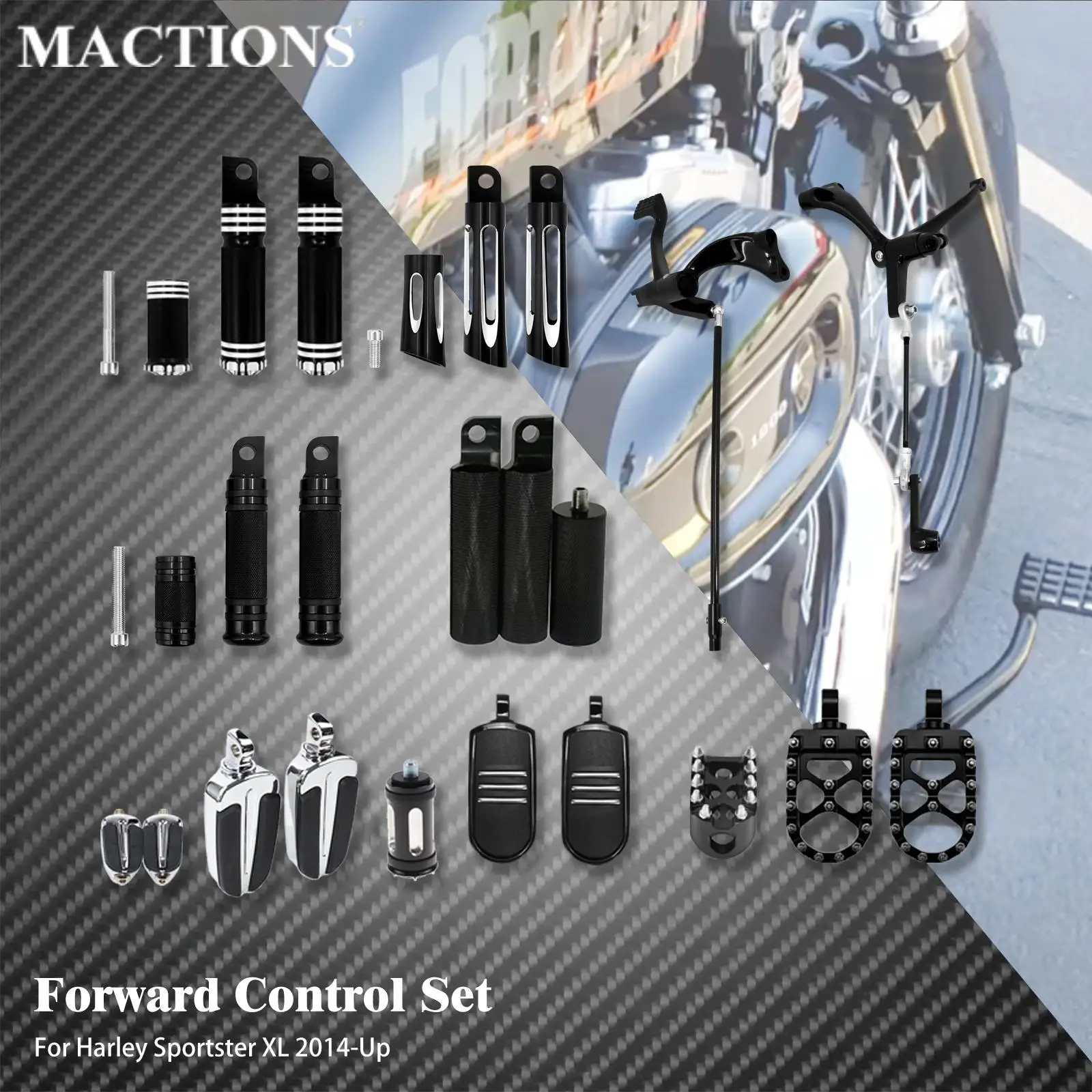 

Motorcycle Black Forward Control Pegs Levers Linkages Complete Kit Footpegs Set For Harley Sportster XL 1200 883 72 2014-2023