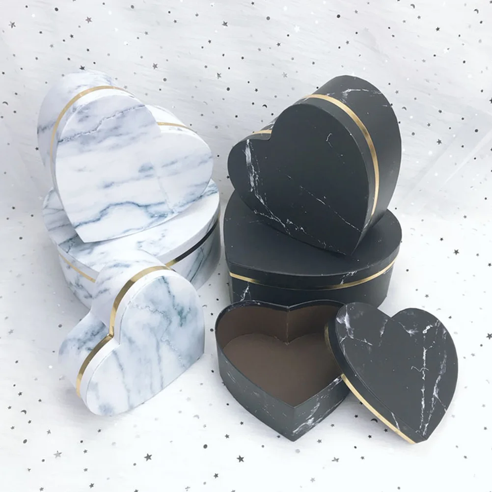 

3pcs Heart Shaped Gift Boxes White Marble Edge Valentine Flower Box Arrangement Wedding Party Favor Candy Chocolate Jewelry