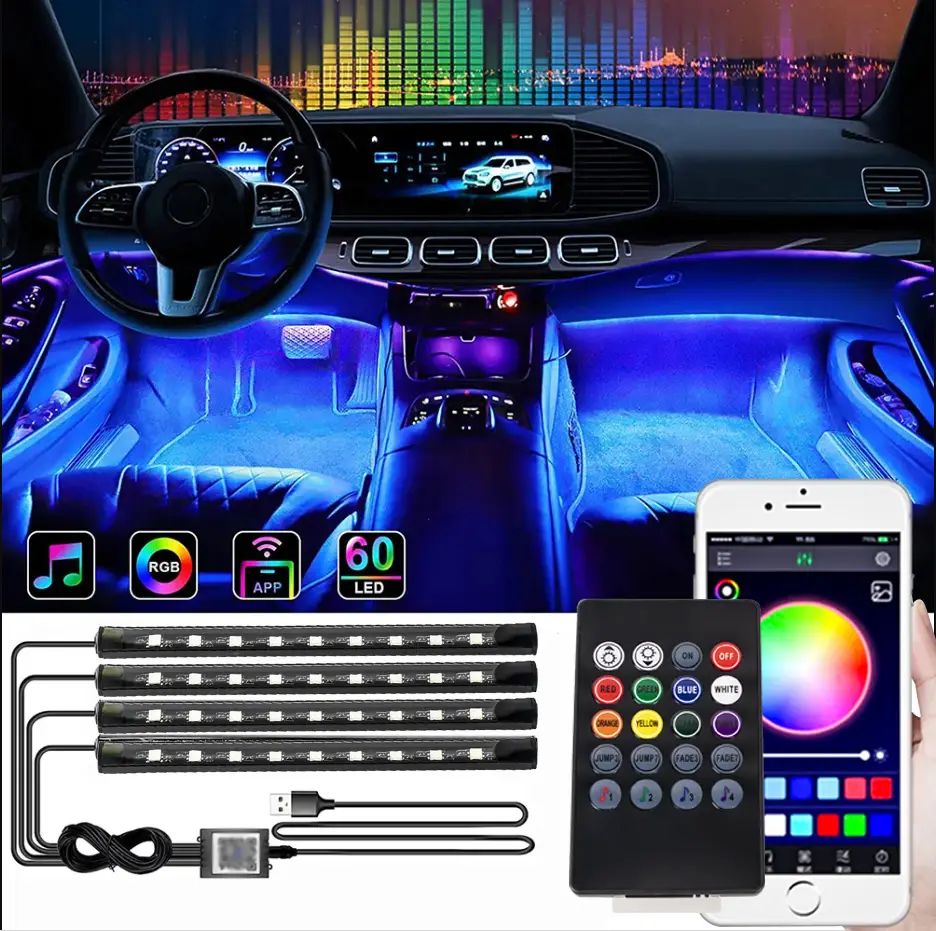 Interior do carro lâmpadas decorativas tiras atmosfera lâmpada luz fria painel decorativo console auto led luzes ambientes lâmpadas de festa