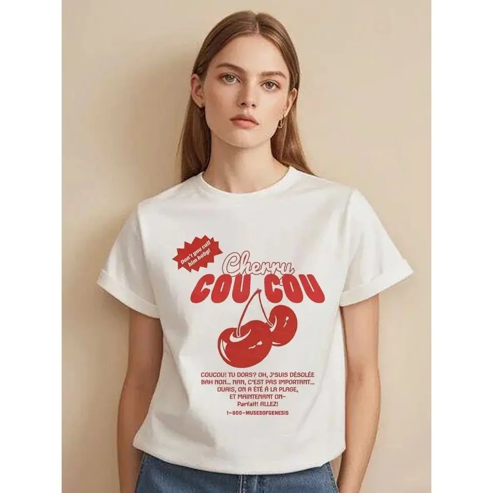 European and American Retro Delicious Cherry Delicious Graphic INS Style Loose Fit 100% Pure Cotton Bohemian Women's T-shirt