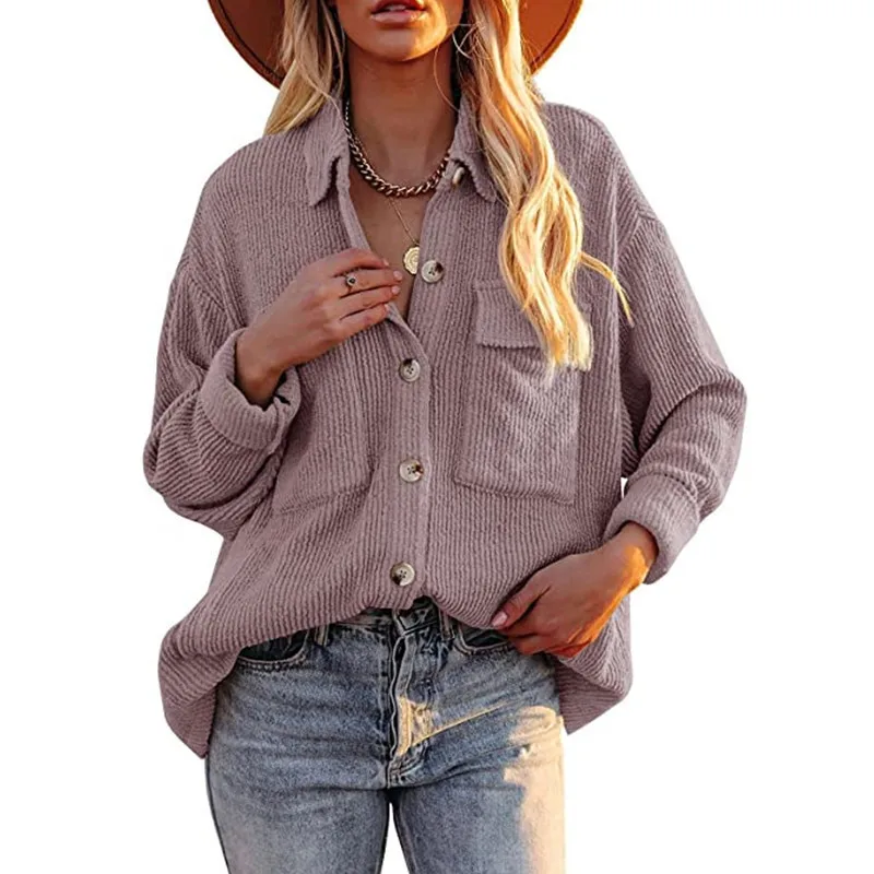 2023 Autumn and Winter Women\'s Fashion Solid Color Loose Corduroy Lapel Double Pocket Long Sleeve Casual Versatile Shirt Coat