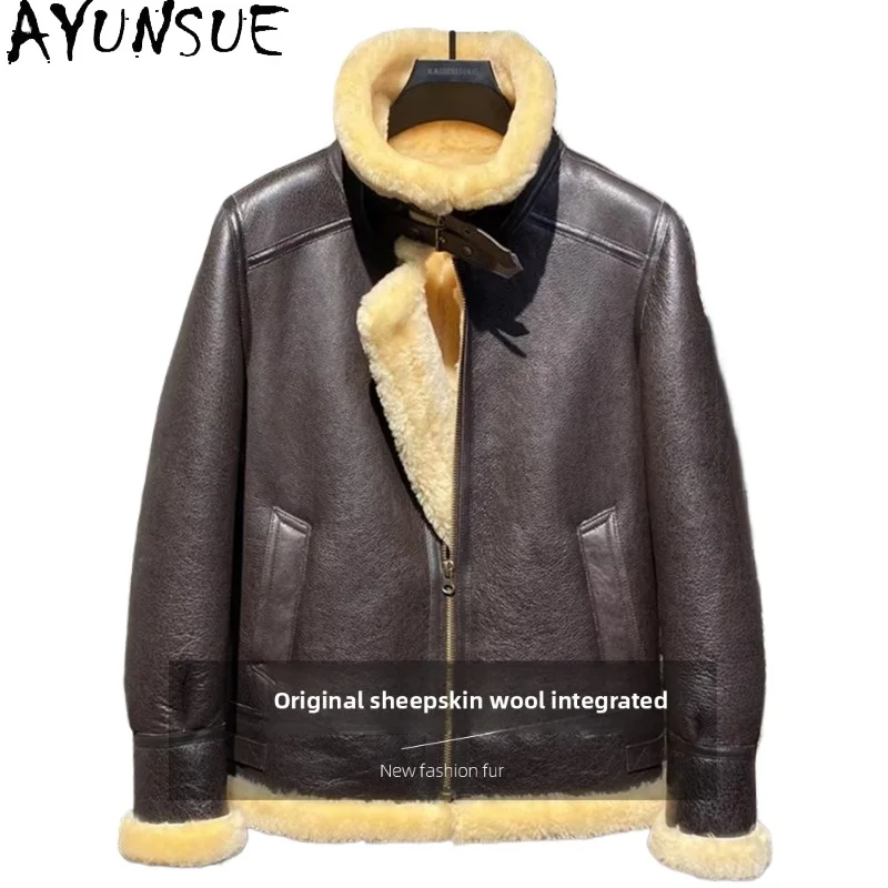 AYUNSUE Natural Sheepskin Shearling Jacket Real Fur Coat Man Extra Thick Men's Winter Coat Flight Jackets Slim Fit Outerwear New