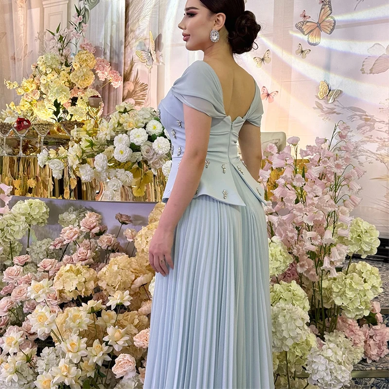 Elegant Blue Satin Evening Dress Customized Beads Off Shoulder Prom Dress Crystal Pleat Zipper Back Formal Occasion Dress 2025