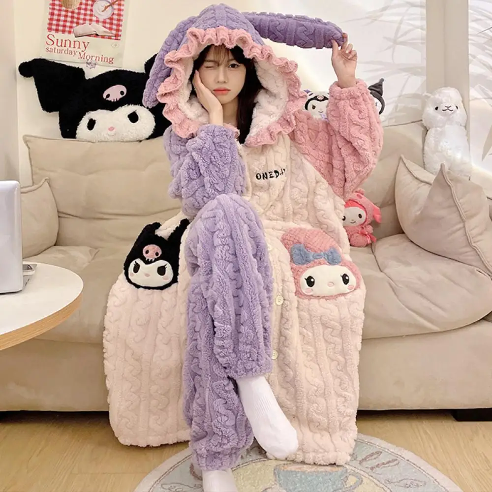 Sanrioed Hello Kitty 2Pcs Women\'s Plush Pajamas Robe Set Suit Melody Kuromi Kawaii Winter Homewear Cartoon Hooded Thicken Soft