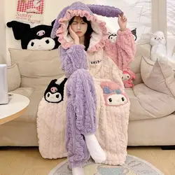 Sanrioed Hello Kitty 2Pcs Women's Plush Pajamas Robe Set Suit Melody Kuromi Kawaii Winter Homewear Cartoon Hooded Thicken Soft