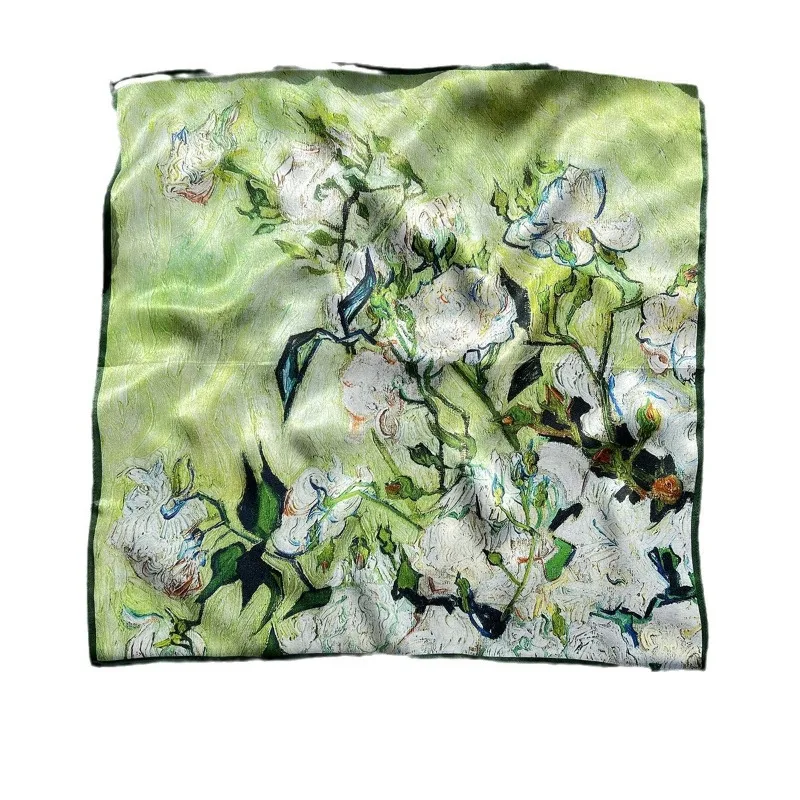 

100% Mulberry Silk White Roses Oil Painting Satin Square Scarf Art Neck Scarf Hair Band Bag Handle Decor Women Elegant Accessory