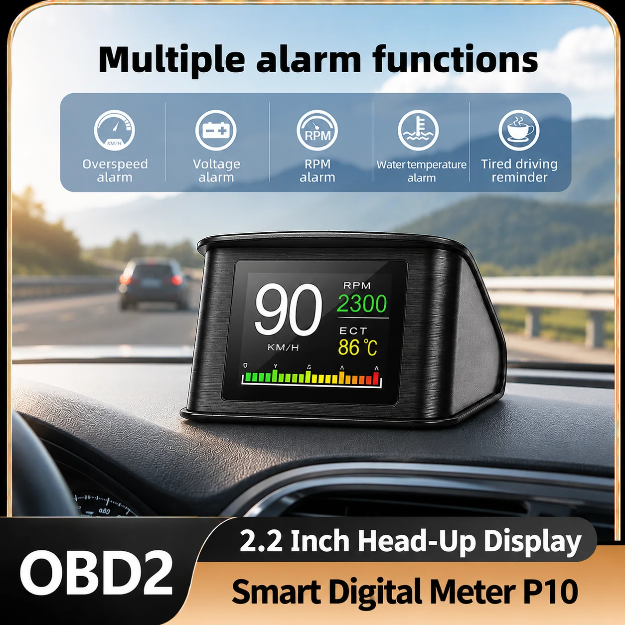 P10 Car Head Up Display 2.2 Inch HUD Smart Digital Meter OBD2 Computer Speedometer Overspeed Alarm Temperature Fuel Consumption