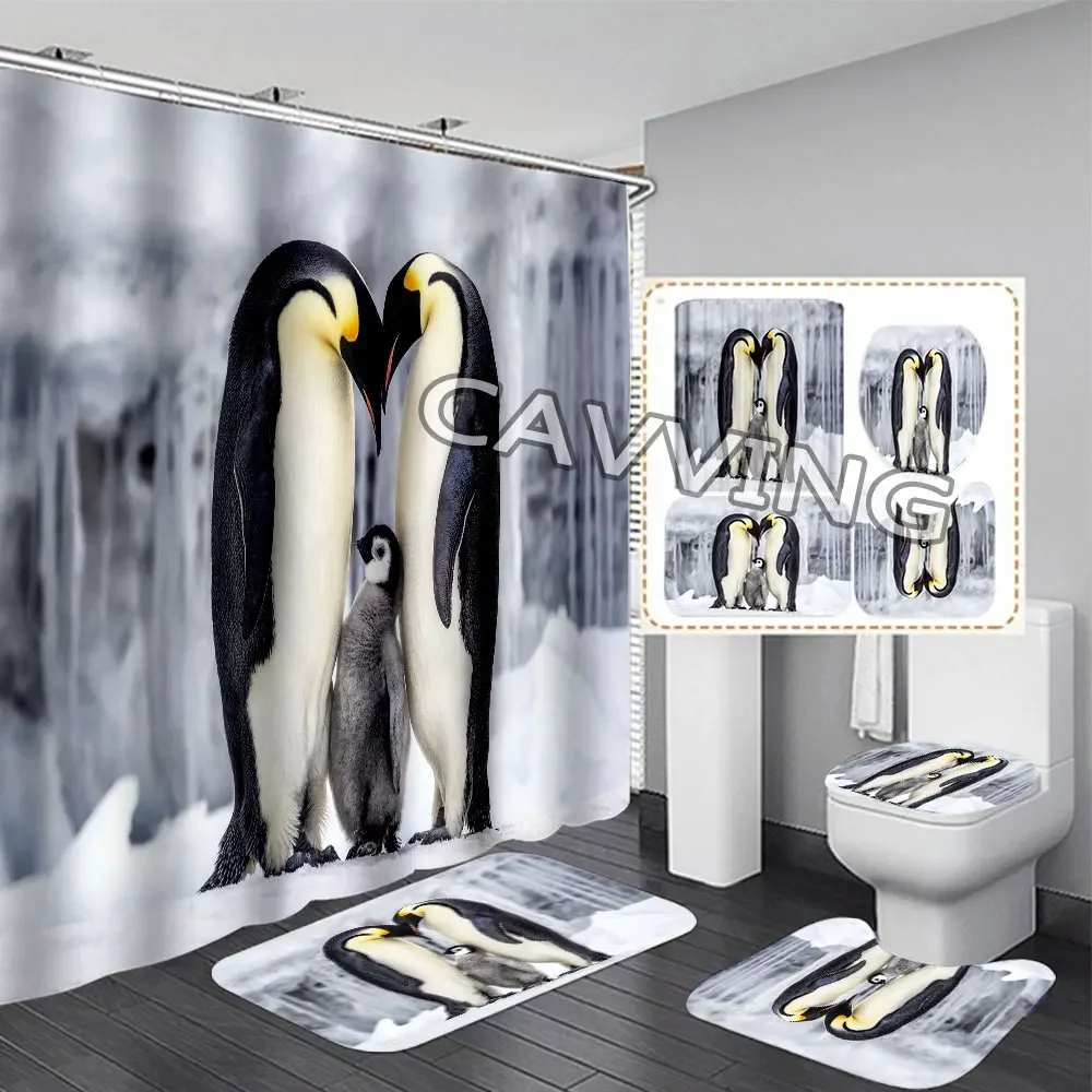 Penguin 3D Printed  Shower Curtain Waterproof Bathroom Curtain Anti-slip Bath Mat Set Toilet Rugs Mats Home Decor  H02