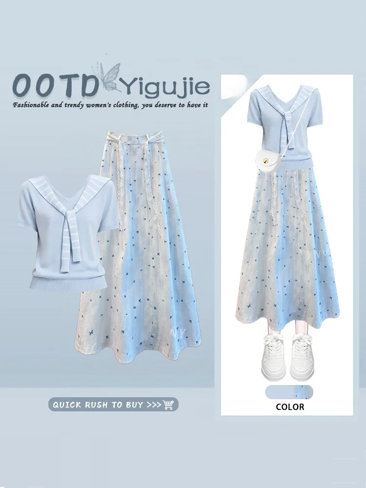 

Blue Stripe Scarf Short Sleeve Slim Fit Knitted Top Summer Floral Half Skirt High Waist Two Piece Set Women Anti Aging