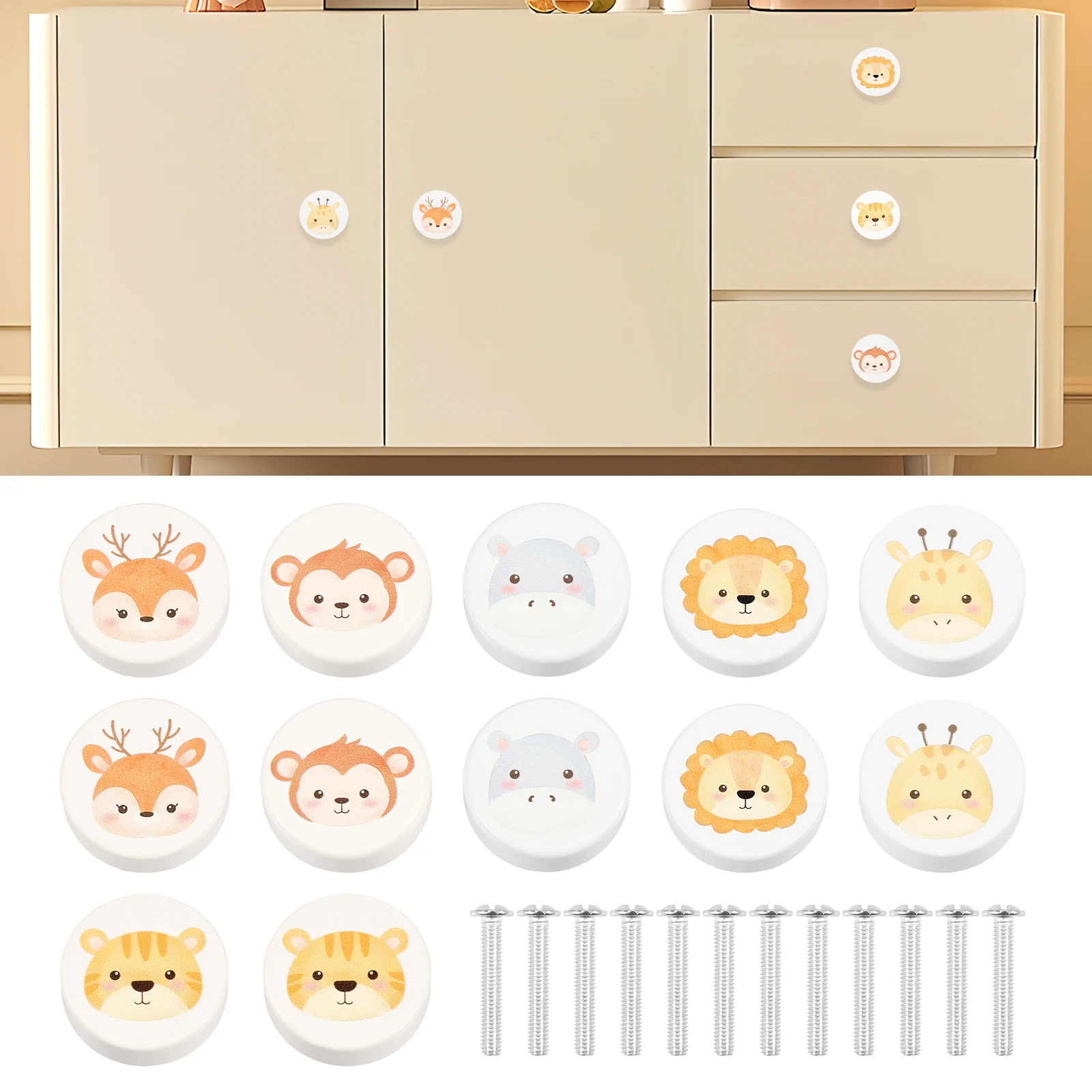 12Pcs Wooden Door Handles Cartoon Animal Wood Furniture Handles for Cabinets and Drawers Knobs Kitchen Cupboard Wardrobe Pulls