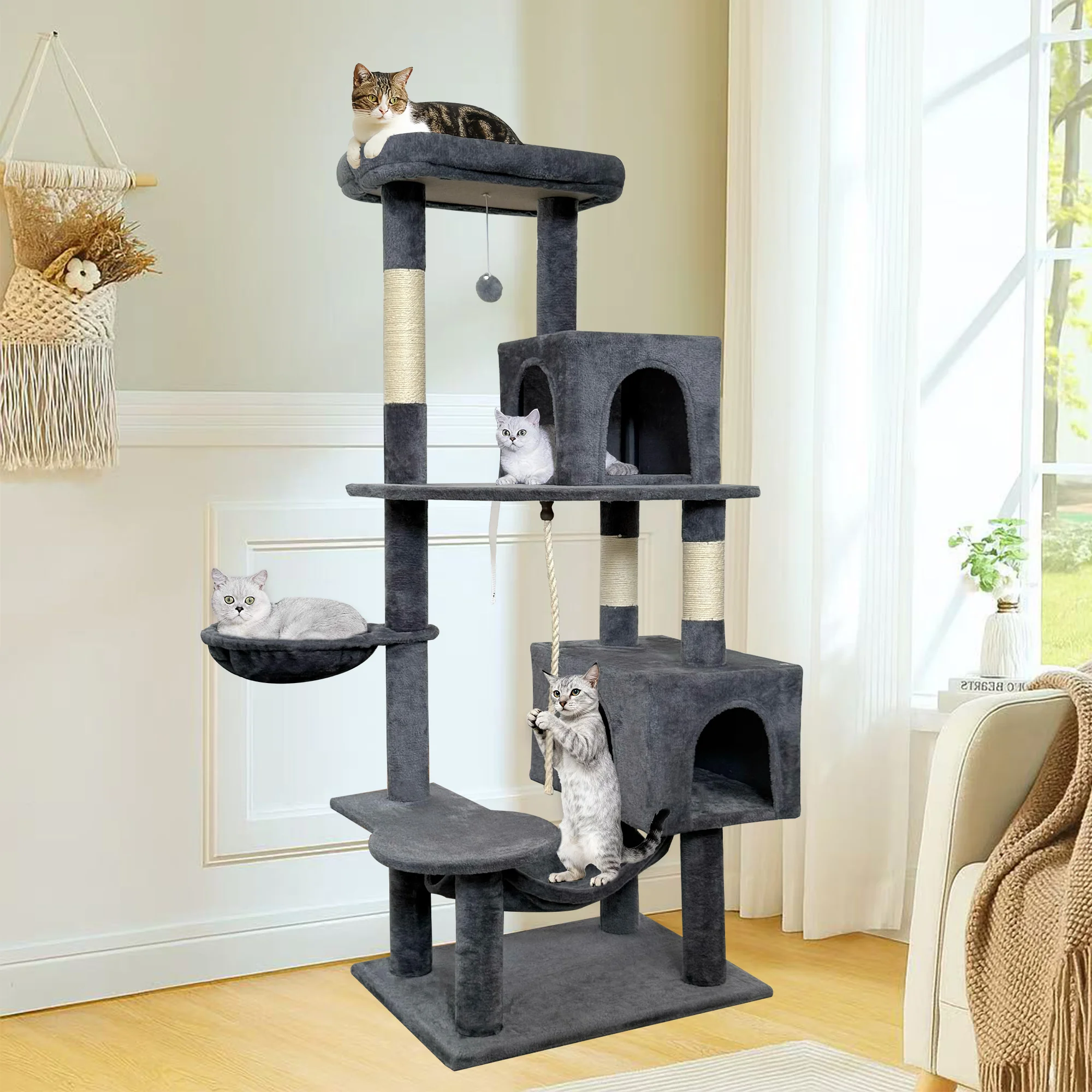 

Когтеточка Pawly 58,66 дюймов с 2 домиками, сизалевыми столбиками для царапания, гамаком и подвесными игрушками для домов с несколькими кошками