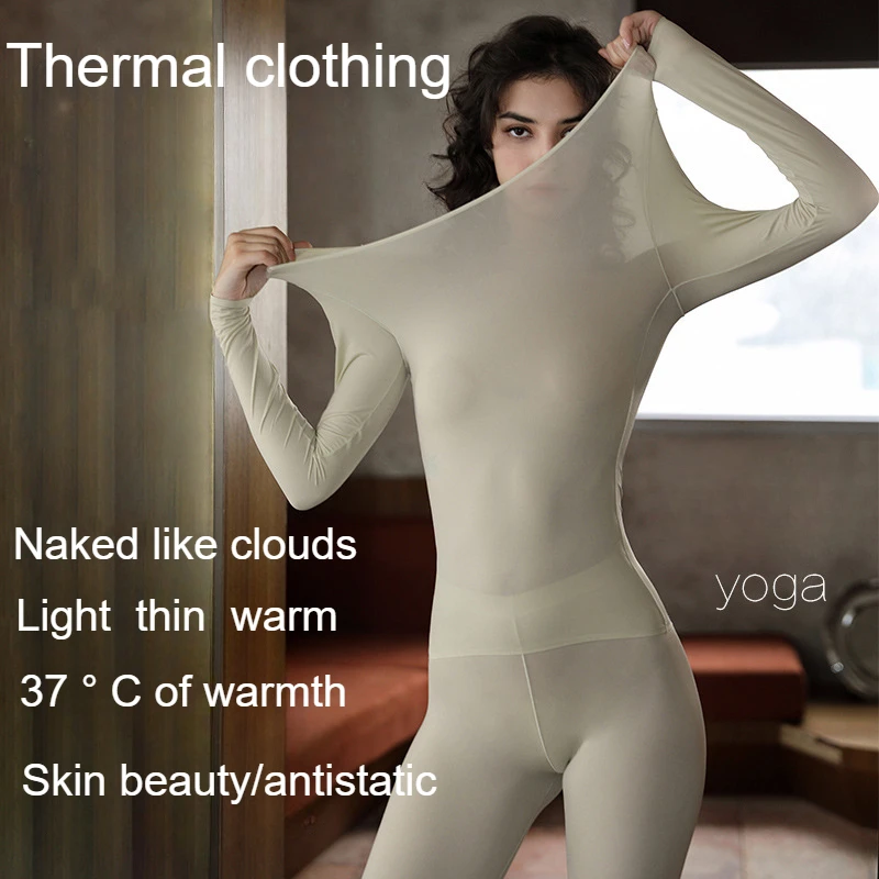 Yoga Suit Self Heating Thermal Underwear for Women No Binding Feeling 2-piece Set Ultra-thin Base Shirt Long Sleeved Top