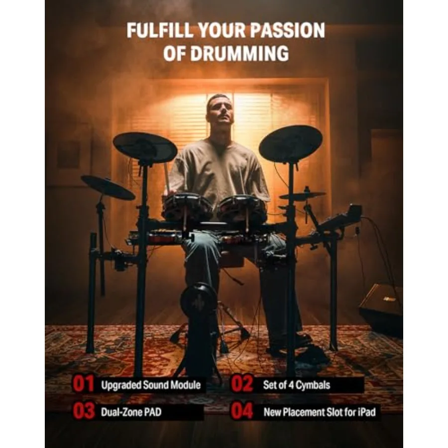 Electronic drum set for adults: full-size DED-300X with 10 quiet mesh drum pad, 12 crash cymbals, black finish, ultra-responsiv