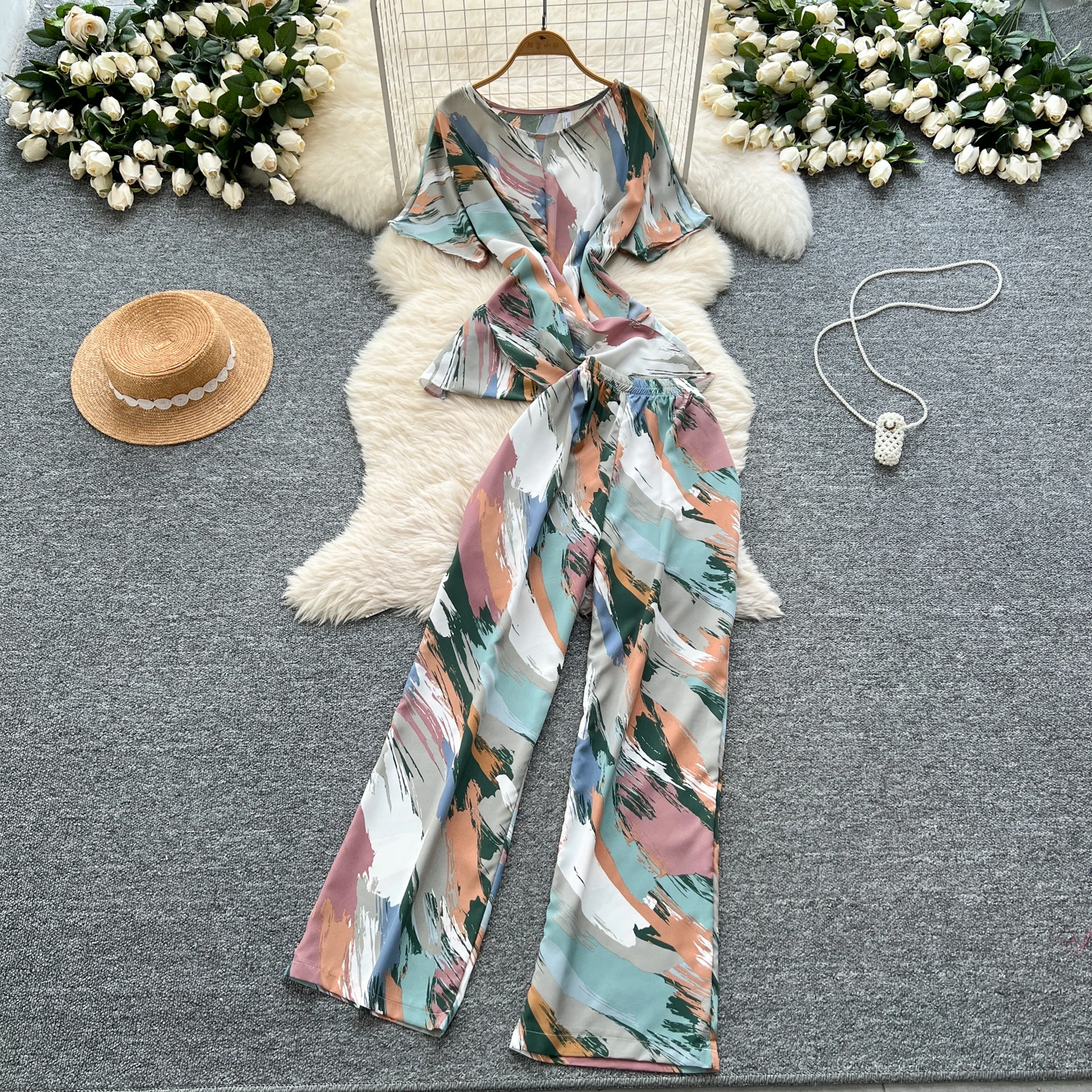 พิมพ์ผู้หญิงฤดูร้อนแฟชั่น 2 ชิ้นชุดแขนสั้น + กางเกงขากว้างยาว Streetwear สุภาพสตรีชุด 2 ชิ้นชุดชุด